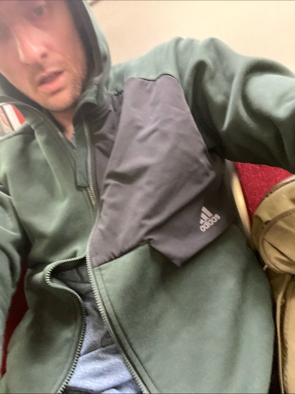 adidas Men’s Hooded Performance Jacket in Dark Green with Black Chest Panel